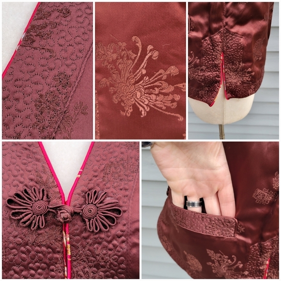 100% Silk Cheongsam Qipao Reversible Red Burgundy Floral Oriental Padded Vest Md - Picture 8 of 9